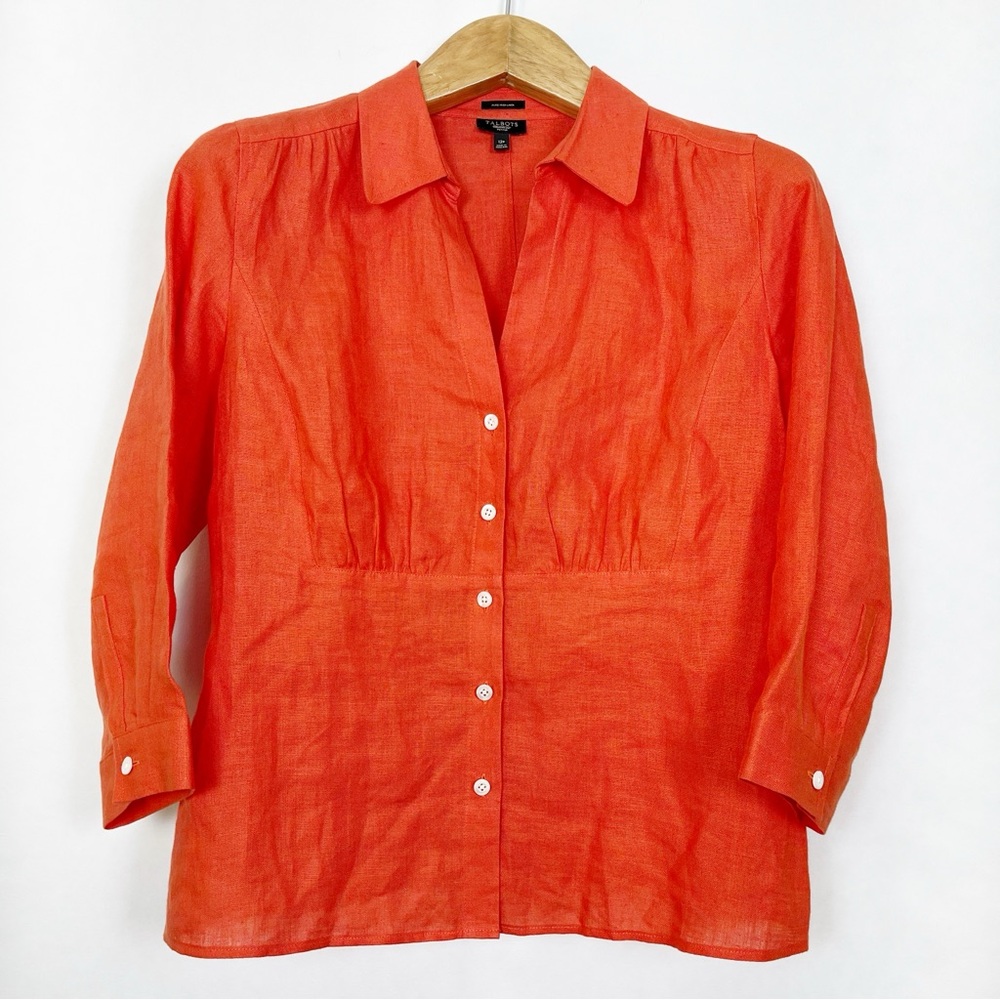 Talbots Vibrant Orange Pure Irish Linen Button-Down Shirt Size 12p